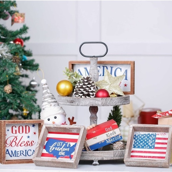 4th of July Frame Metal USA Flag Block Sign American Table Patriotic Wood Decor - Picture 7 of 8